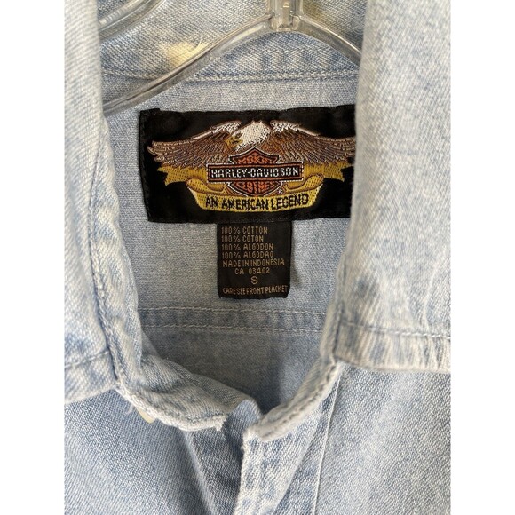 Harley Davidson Embroidered Logo Long Sleeve Button Up Denim Shirt Blue Mens S - Picture 3 of 10